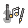 Guitar, musical note and brush icon Guitar, musical note and brush icon